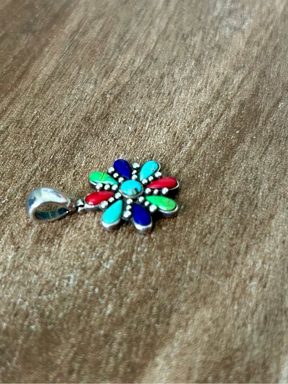 Cute Sterling Silver & Turquoise Coral Lapis Flower Pendant Vintage! - Picture 3 of 5